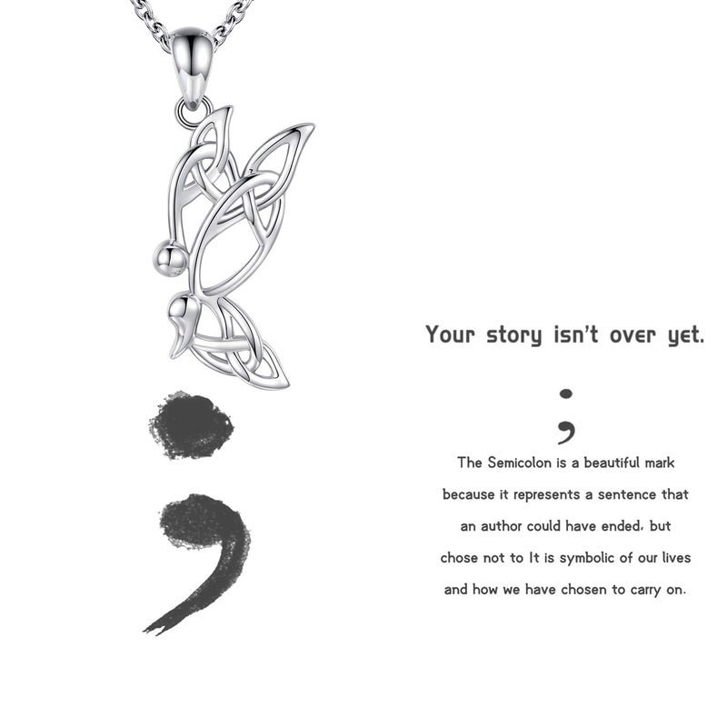 Sariel Semicolon Butterfly Necklace Survivor Encouragement Story Isnt Over Yet Struggle Depression Inspired Necklace 925 Silver Pendant Jewelry Gift for Women (Silver) - Image 2