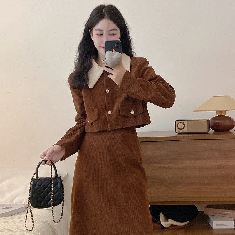 Corduroy dress Two-piece Autumn and Winter New plus size chubby girl Chanel Style Coat Half-length Dress suit Brown two-piece set