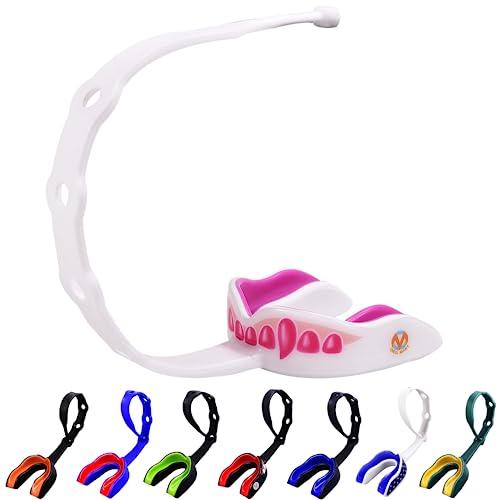 Oral Mart Pink Fangs Strapped Youth Mouthguard for Kids - Sports Mouthguard with Connected Strap for Ice Hockey, Football, Lacrosse, Taekwondo - Image 1
