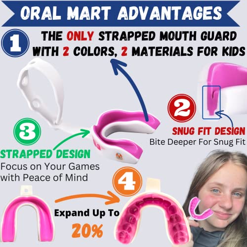 Oral Mart Pink Fangs Strapped Youth Mouthguard for Kids - Sports Mouthguard with Connected Strap for Ice Hockey, Football, Lacrosse, Taekwondo - Image 2
