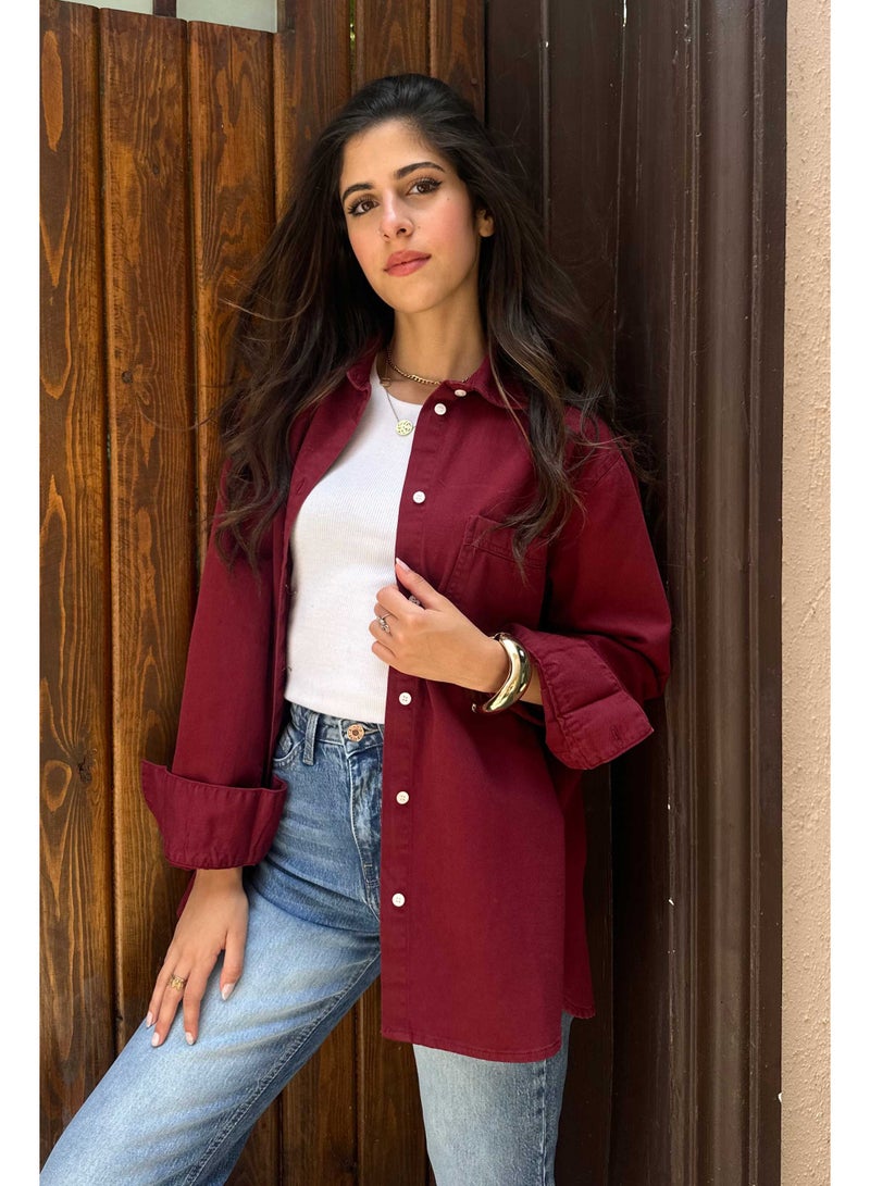 CIZARO Oversized - Denim Maroon Shirt  - Image 1
