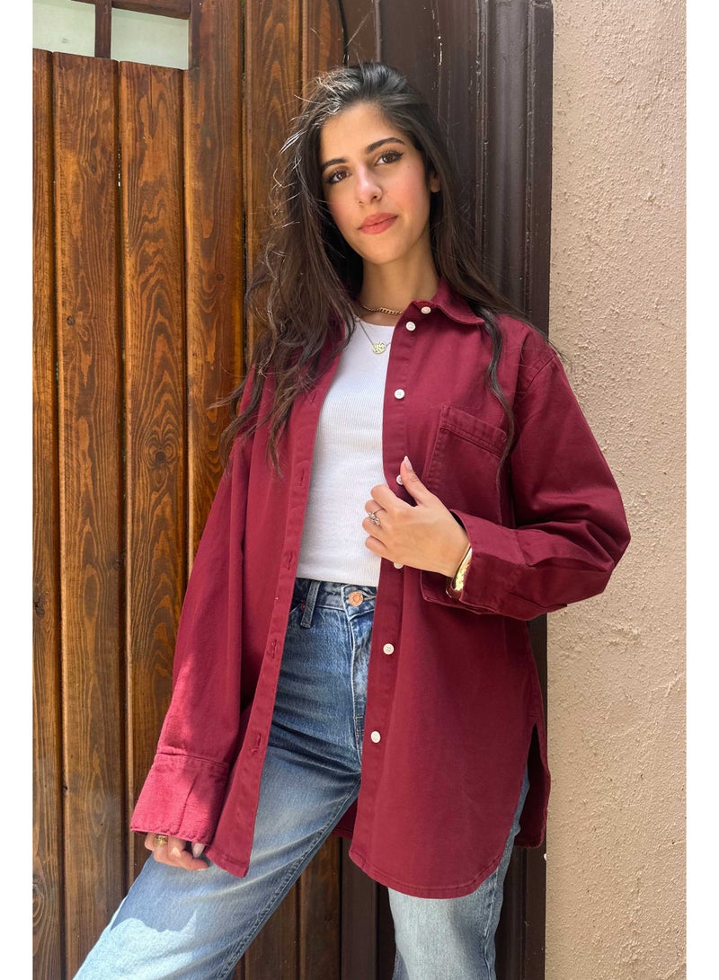 CIZARO Oversized - Denim Maroon Shirt  - Image 2