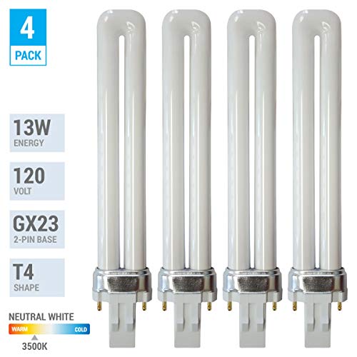 KOR (Pack of 4) 13-Watt Single Tube 2 Pin GX23 (see photos) Base - 3500K Neutral White 35K CFL Light Bulb - Replacement for Sylvania 20335/21137 CF13DS/835- Philips 146845 PL-S 13W/835 GE 97569F13BX/835 - Image 2