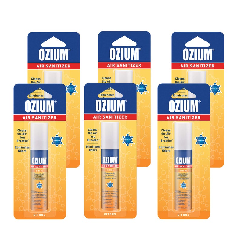 Ozium أوزيوم 0.8 أونصة معقم هواء ومزيل روائح للمنازل والسيارات والمكاتب والمزيد، برائحة الحمضيات، عبوة من 6 - Image 1