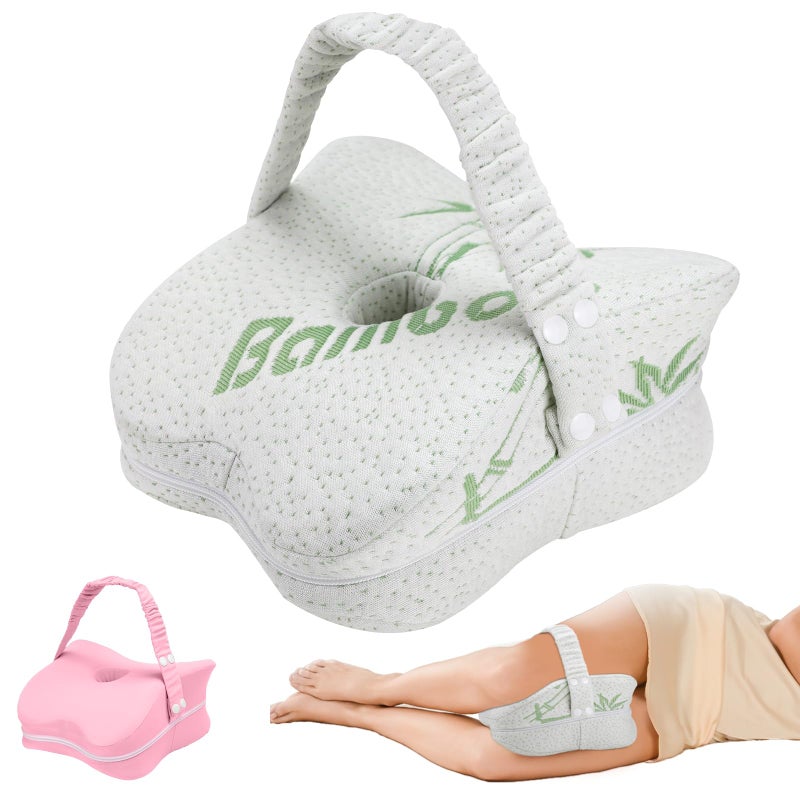 LITTOAK Knee Pillow for Side Sleepers & Sciatica Relief, Two Machine Washable Covers & Protective Inner Liner, Memory Foam Leg Pillow with Detachable and Adjustable Strap, One Pillow Only, White& Pink - Image 1