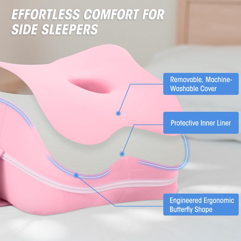 LITTOAK Knee Pillow for Side Sleepers & Sciatica Relief, Two Machine Washable Covers & Protective Inner Liner, Memory Foam Leg Pillow with Detachable and Adjustable Strap, One Pillow Only, White& Pink - Image 4