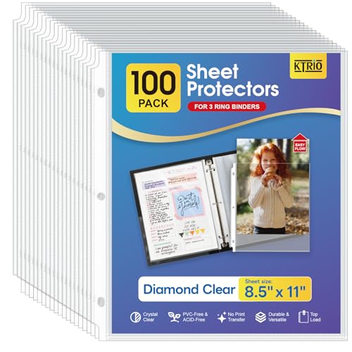 KTRIO Sheet Protectors 8.5 x 11 inch, Clear Page Protector for 3 Ring Binder, Plastic Sleeves for Binders, Top Loading Paper Sheets Document Sleeve Letter Size, Office & Home, 100 Pack - Image 1