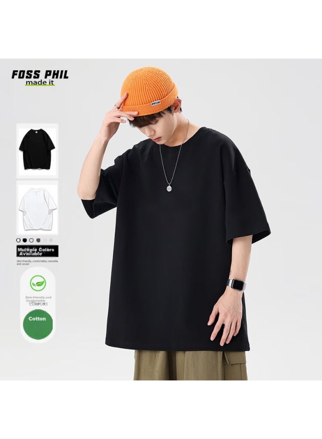 Foss Phil Heavy قميص قطني قصير الأكمام من القطن النقي، قميص داخلي للرجال، قطعة علوية متعددة الاستخدامات فضفاضة بلون صلب للأزواج، T2600 أسود مقاس XL - Image 1