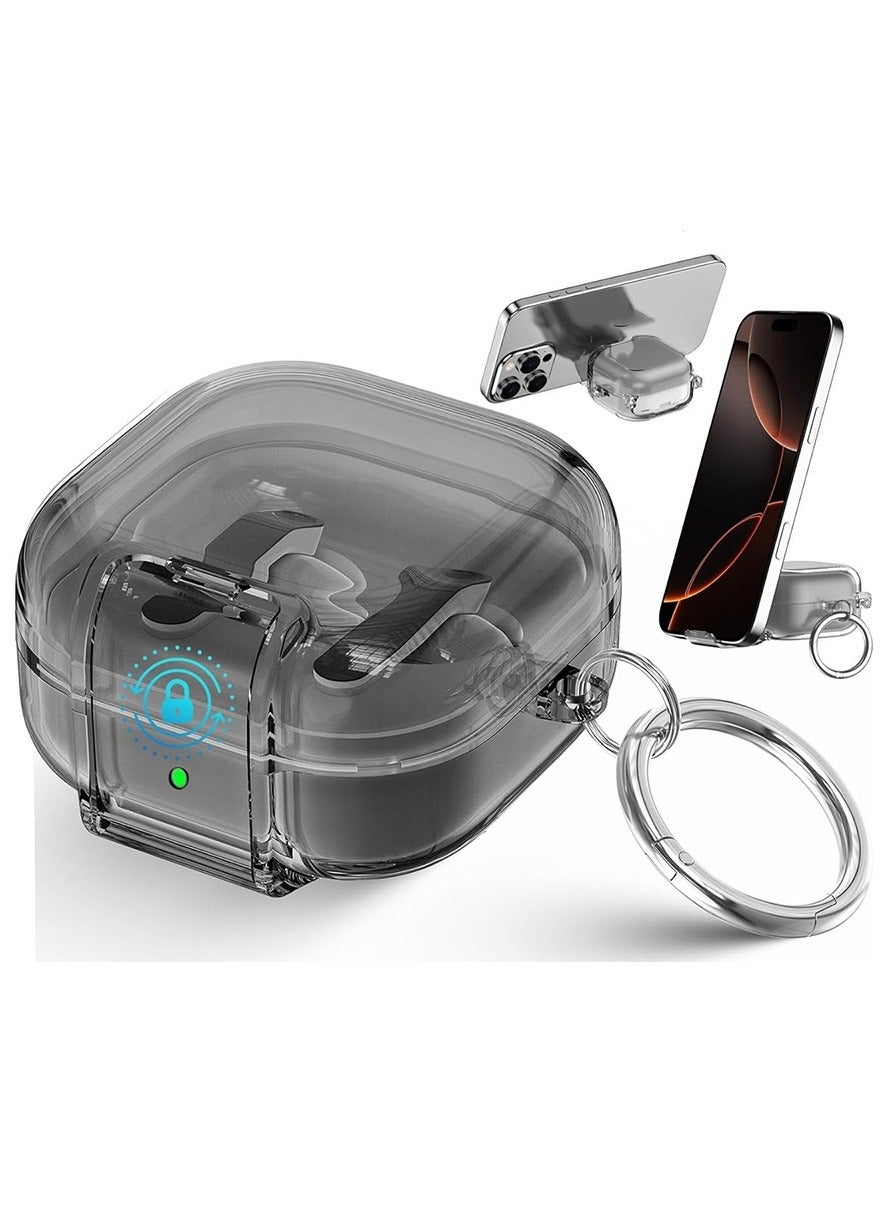 O Ozone Compatible with Samsung Galaxy Bud 4 Pro Case/Buds4 Case Clear Lock Clip with Phone Stand, Transparent TPU Protective Cover with Carabiner for Men Women