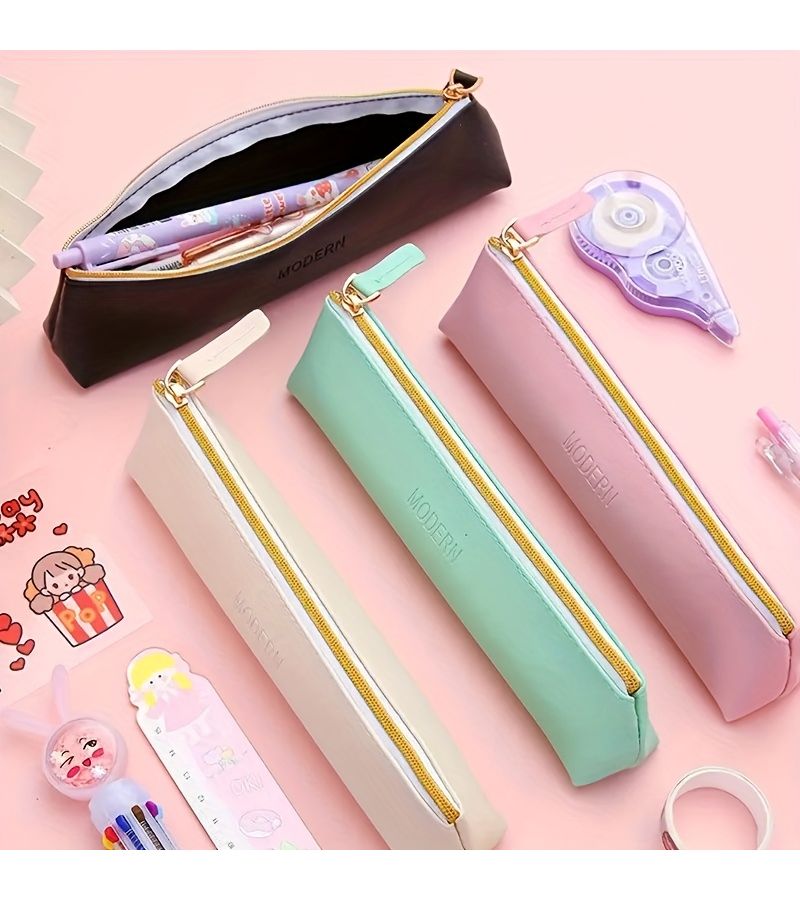 White Faux Leather Large Capacity Pencil Case for Office Stationery Storage - Image 2