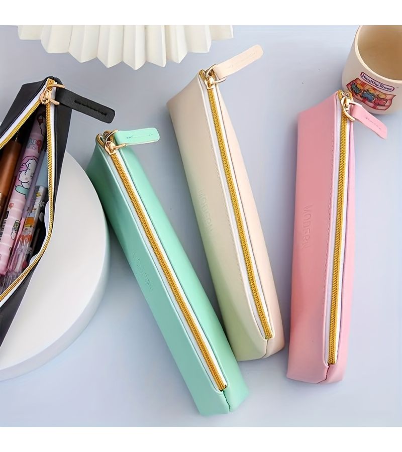 White Faux Leather Large Capacity Pencil Case for Office Stationery Storage - Image 1