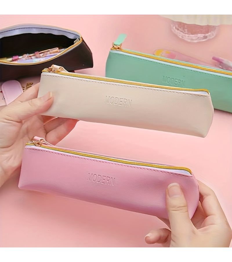 White Faux Leather Large Capacity Pencil Case for Office Stationery Storage - Image 4