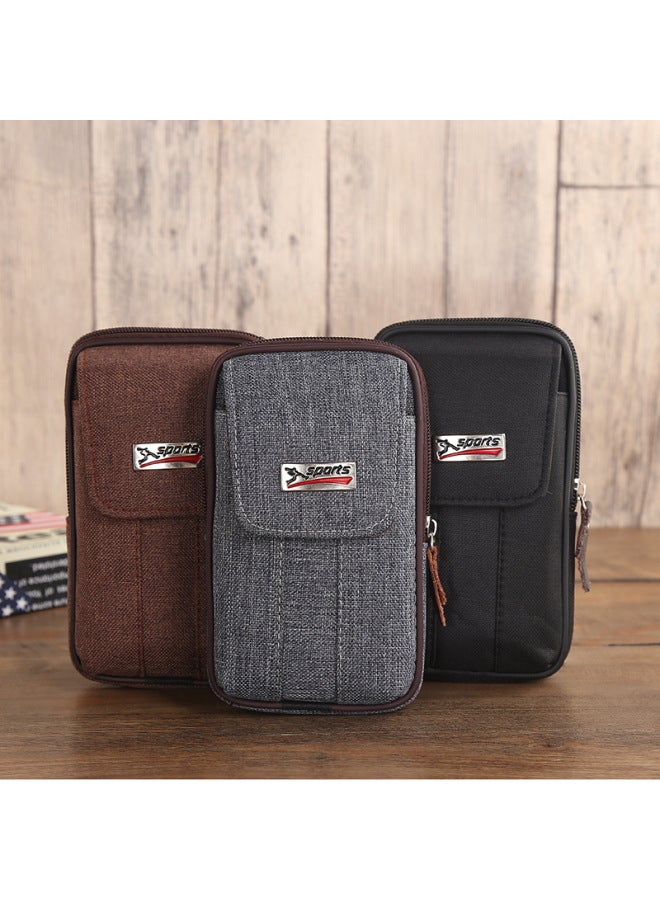 Men's Mobile Phone Bag Casual Belt Waist Bag Canvas Mobile Phone Waist Bag Multi-functional Horizontal And Vertical Waist Bag Wholesale-Color:Large Horizontal Black 17cm Copper Pull Head