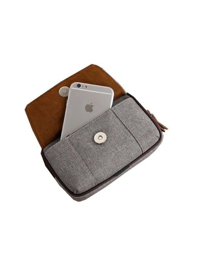 Men's Mobile Phone Bag Casual Belt Waist Bag Canvas Mobile Phone Waist Bag Multi-functional Horizontal And Vertical Waist Bag Wholesale-Color:Large Horizontal Black 17cm Copper Pull Head