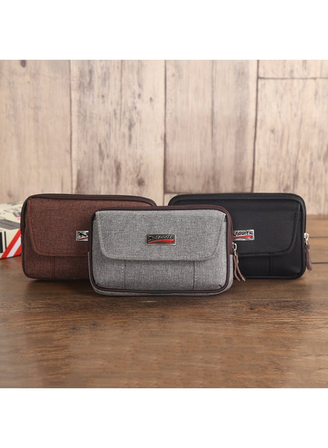 Men's Mobile Phone Bag Casual Belt Waist Bag Canvas Mobile Phone Waist Bag Multi-functional Horizontal And Vertical Waist Bag Wholesale-Color:Large Horizontal Black 17cm Copper Pull Head