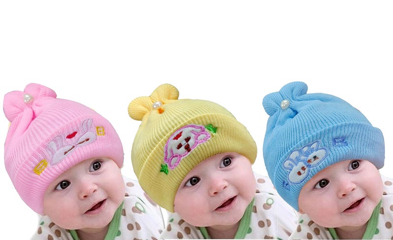 TRUE INDIAN Kids Soft Winter Woolen Caps for New Born Baby for Baby Boys & Baby Girls Beanie Hat Cap Warm Cap for Baby Kids Cap (3-6 Months, D.Pink Yellow Blue) - Image 1