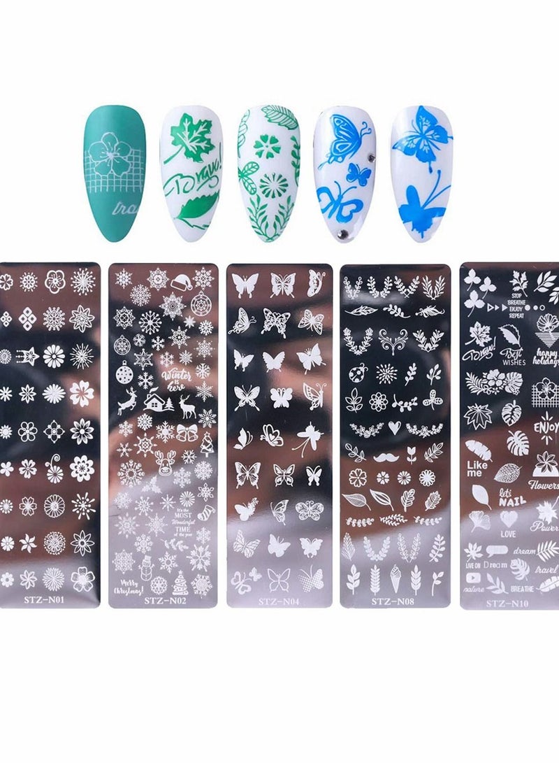 KASTWAVE 5 Pcs Nail Stamp Template Kit, for Nail Art Flower Leaf Butterflies Snowflake Art Templates Nail Stamper Stencil Plates Set DIY Decorating Tools - Image 1