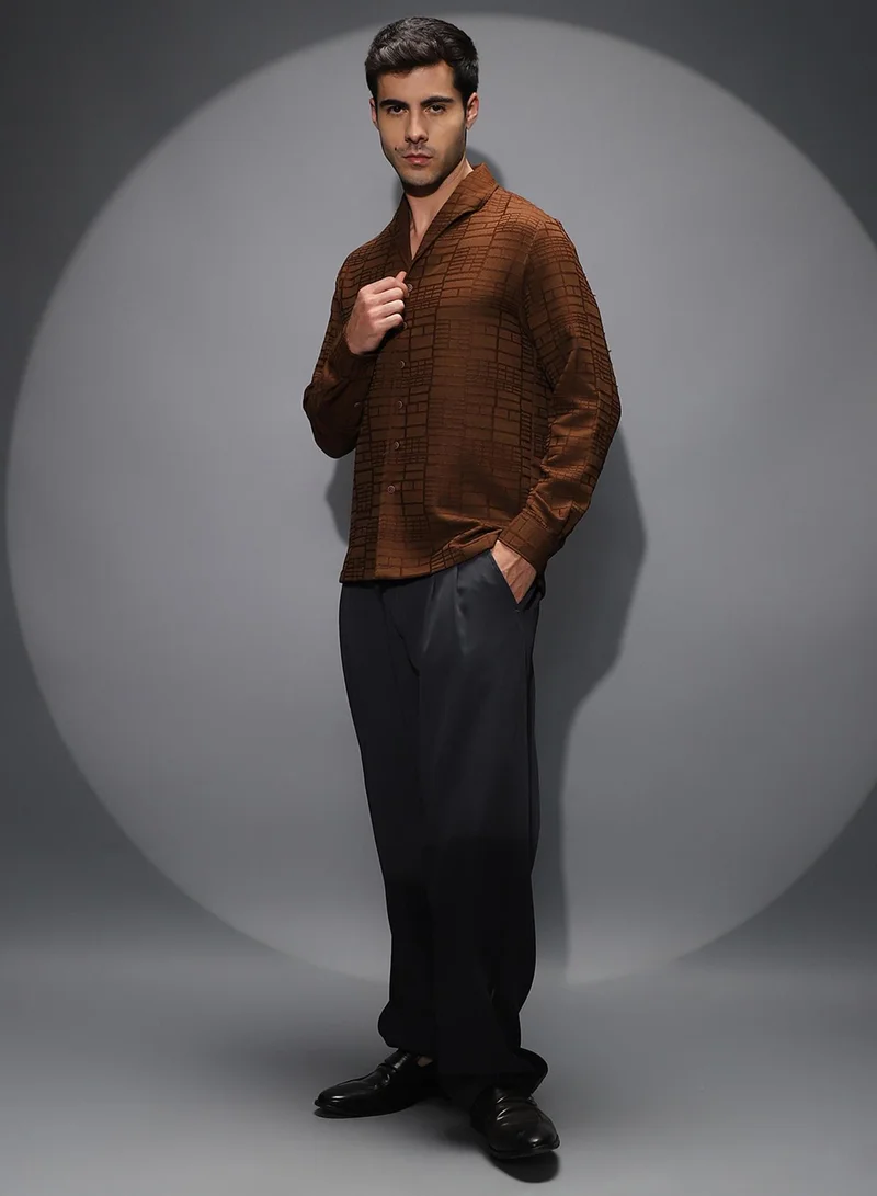 Campus Sutra Campus Sutra Men's Flint Grey Cross-Stitch Stripe Knit Shirt For Casual Wear | Spread Collar | Short Regular Sleeves | Button Closure | Shirt Shirt Crafted With Comfort Fit For Everyday Wear