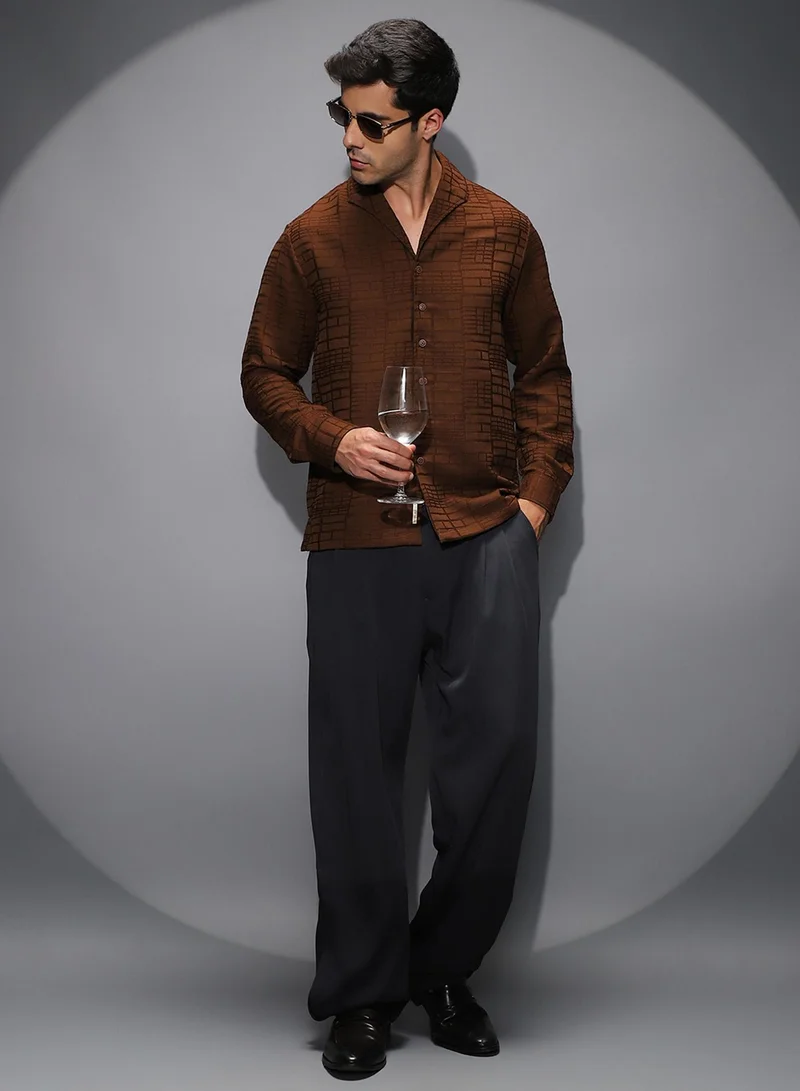 Campus Sutra Campus Sutra Men's Flint Grey Cross-Stitch Stripe Knit Shirt For Casual Wear | Spread Collar | Short Regular Sleeves | Button Closure | Shirt Shirt Crafted With Comfort Fit For Everyday Wear