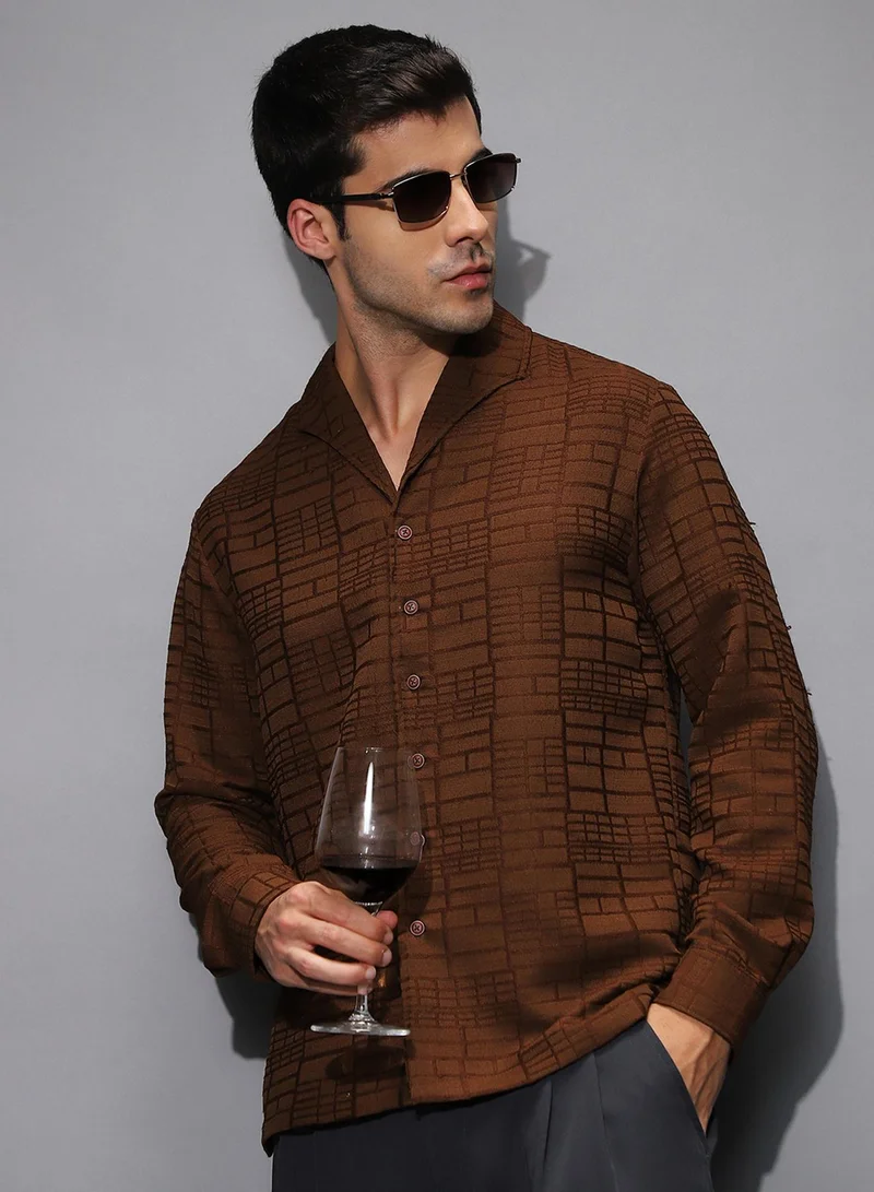 Campus Sutra Campus Sutra Men's Flint Grey Cross-Stitch Stripe Knit Shirt For Casual Wear | Spread Collar | Short Regular Sleeves | Button Closure | Shirt Shirt Crafted With Comfort Fit For Everyday Wear