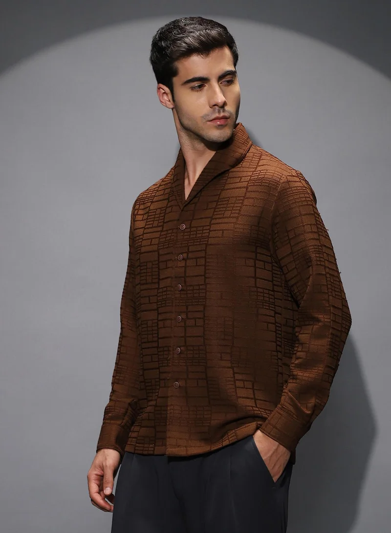 Campus Sutra Campus Sutra Men's Flint Grey Cross-Stitch Stripe Knit Shirt For Casual Wear | Spread Collar | Short Regular Sleeves | Button Closure | Shirt Shirt Crafted With Comfort Fit For Everyday Wear
