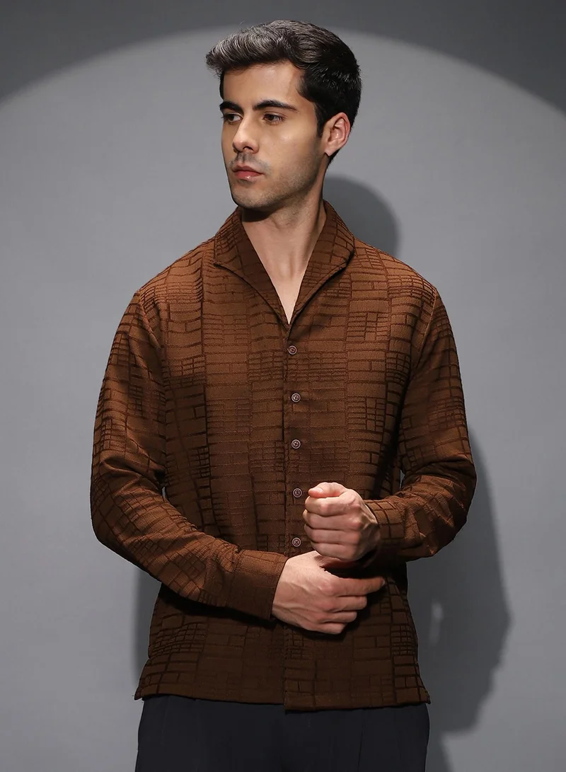 Campus Sutra Campus Sutra Men's Flint Grey Cross-Stitch Stripe Knit Shirt For Casual Wear | Spread Collar | Short Regular Sleeves | Button Closure | Shirt Shirt Crafted With Comfort Fit For Everyday Wear