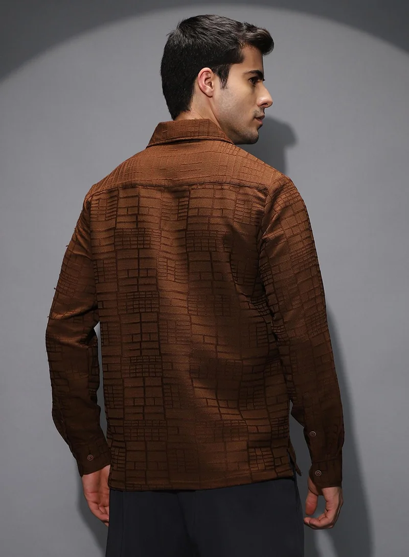 Campus Sutra Campus Sutra Men's Flint Grey Cross-Stitch Stripe Knit Shirt For Casual Wear | Spread Collar | Short Regular Sleeves | Button Closure | Shirt Shirt Crafted With Comfort Fit For Everyday Wear