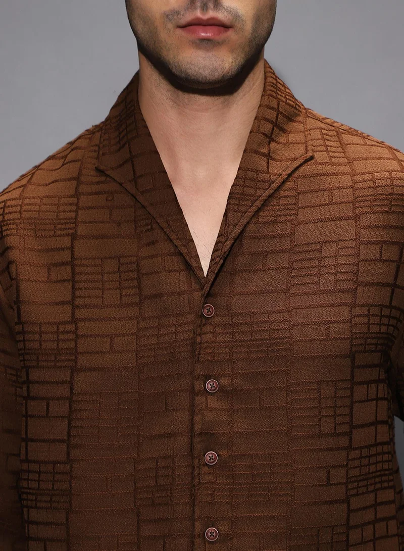 Campus Sutra Campus Sutra Men's Flint Grey Cross-Stitch Stripe Knit Shirt For Casual Wear | Spread Collar | Short Regular Sleeves | Button Closure | Shirt Shirt Crafted With Comfort Fit For Everyday Wear