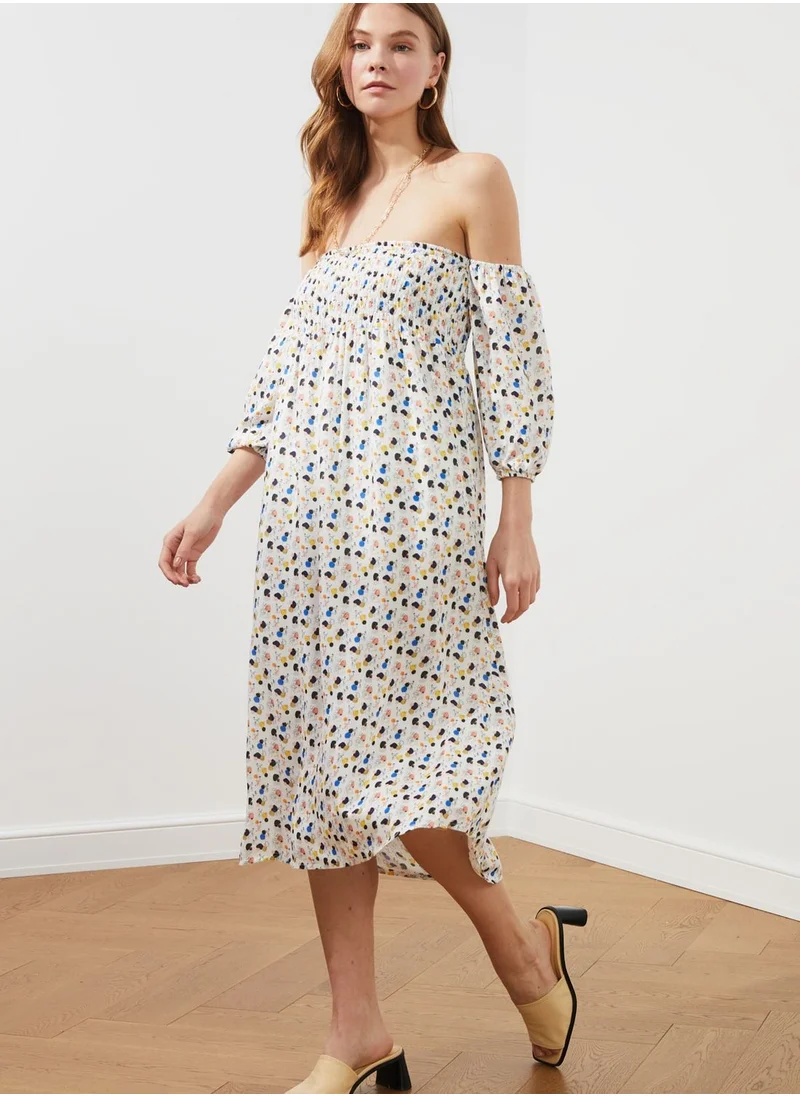 trendyol Shirred Yoke Printed Bardot Dress