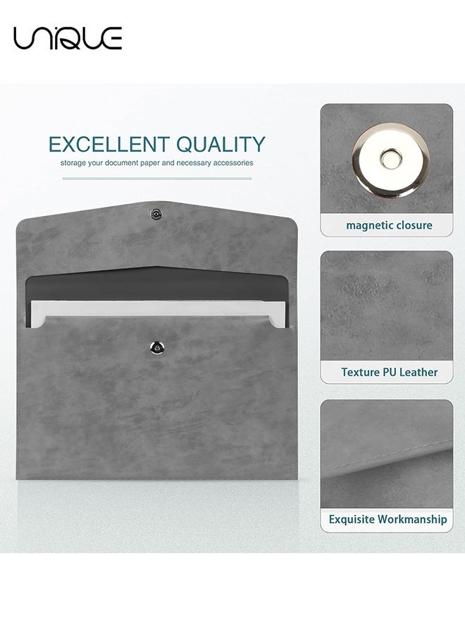 Unique File Folder - PU Leather A4 Document Holder Organizer Filing Envelope Portfolio Case Tablet Sleeve with Magnetic Snap Closure for Home School Office Stationery (Grey) - Image 3