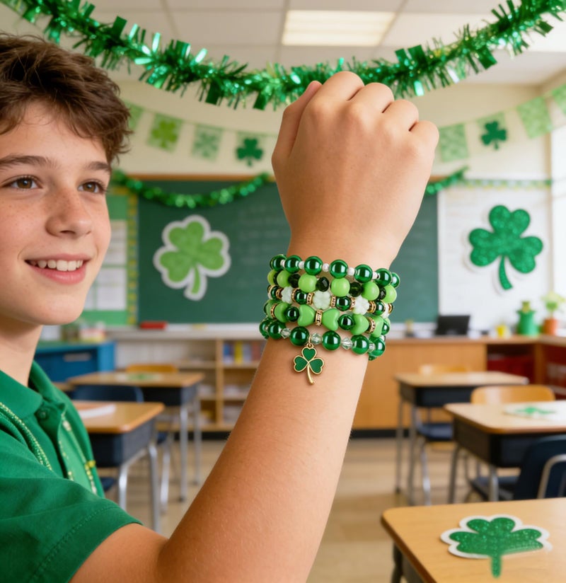 BSJELL 5 Pack Beaded Bracelet Stackable Christmas Thanksgiving St. Patrickâ€™s Day Valentine's Day Beaded Stretch Bracelet Holiday Charm Bracelets Festive Jewelry Gifts for Women (Green) - Image 3