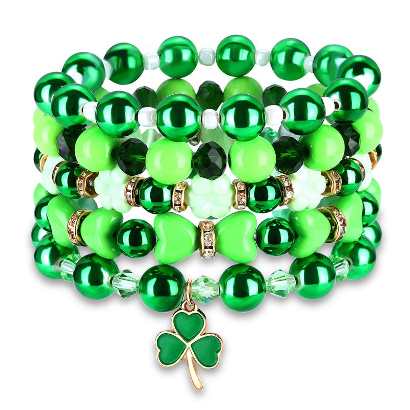 BSJELL 5 Pack Beaded Bracelet Stackable Christmas Thanksgiving St. Patrickâ€™s Day Valentine's Day Beaded Stretch Bracelet Holiday Charm Bracelets Festive Jewelry Gifts for Women (Green) - Image 1