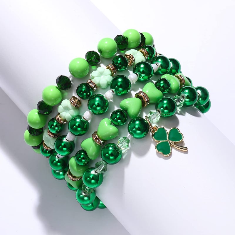 BSJELL 5 Pack Beaded Bracelet Stackable Christmas Thanksgiving St. Patrickâ€™s Day Valentine's Day Beaded Stretch Bracelet Holiday Charm Bracelets Festive Jewelry Gifts for Women (Green) - Image 4