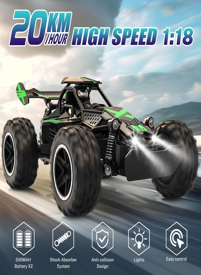 ACAMMZAR Remote Control Car, 1:18 High Speed RC Cars for Kids, 20KM/H Monster RC Truck Off Road with Lights Toys for Boys, Green - Image 2