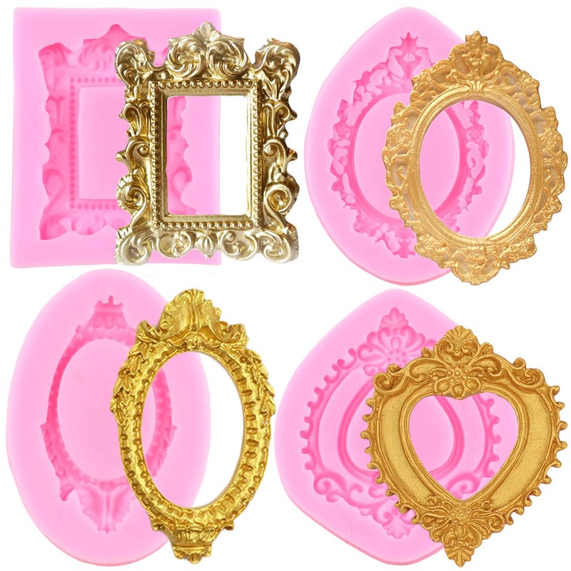MIYAHOUSE MIYAHOUSE Picture Frames Silicone Mold Photo Frame Fondant Mold Baroque Style Frame Molds For Cupcake Topper Cake Decoration Chocolate Candy Polymer Clay Gum Paste Set Of 4