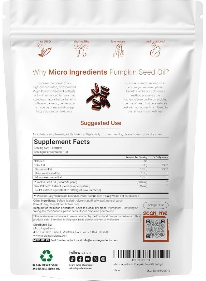 Micro Ingredients Pumpkin Seed Oil Capsules, 3000mg Per Serving, Cold Pressed & Virgin Oil, 300 Softgels (4 Month Supply), Premium Pumpkin Seeds Oil Supplement, Supports Urinary, Bladder & Prostate Health, No GMOs, Vegan - Image 3