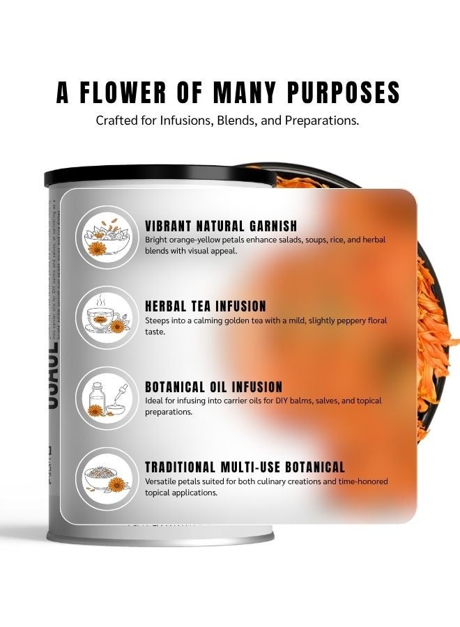AWAFI MILL Calendula Flower (Dried Marigold Petals) | Calendula officinalis Blossoms for Herbal Tea, Garnish, Syrups and Crafts | Golden Color | Mild Floral - 100 g | 3.5 Oz - Image 2