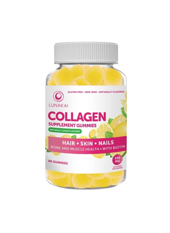 LUNAKAI Collagen Gummies for Women and Men with Biotin Zinc Vitamin C and E - Anti Aging, Hair Growth, Skin Care & Strong Nails Protein Collagen Supplements - Non-GMO, Gluten Free - 60 Collagen Gummy Vitamins - Image 1