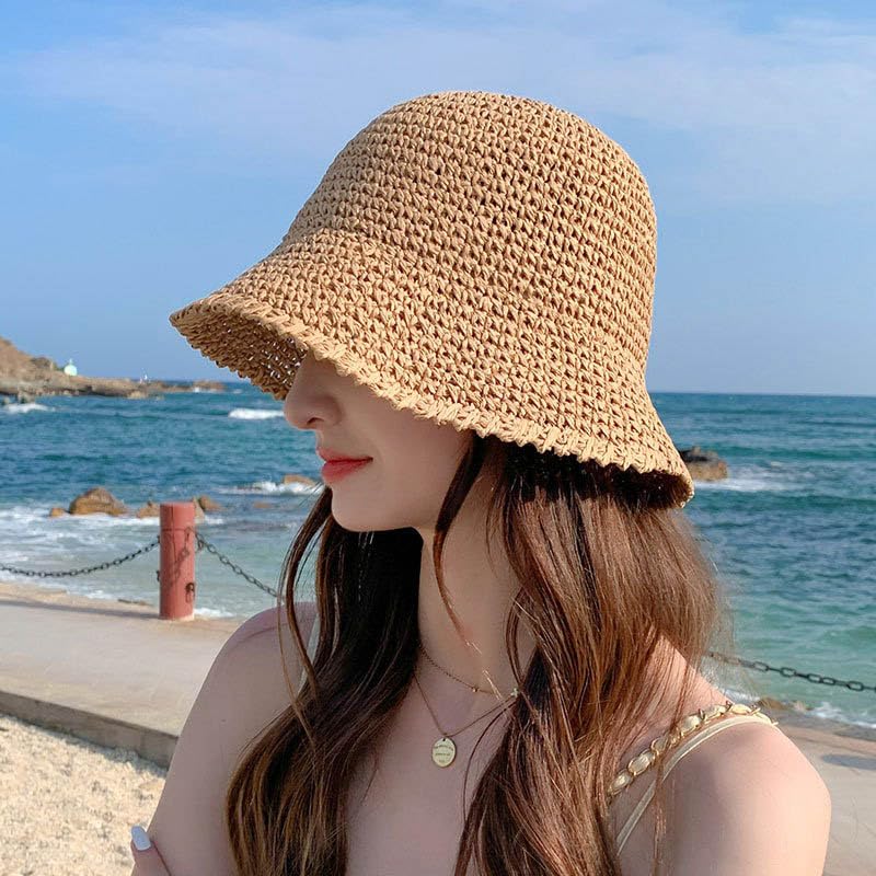 Minache Crochet Straw Hat Beach Sun Solid Color Foldable Wide Brim Outdoor Sun Visor Hat Bucket Hat for Women Girl Khak - Image 5