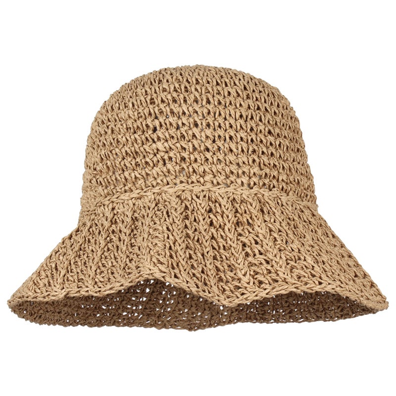 Minache Crochet Straw Hat Beach Sun Solid Color Foldable Wide Brim Outdoor Sun Visor Hat Bucket Hat for Women Girl Khak - Image 1
