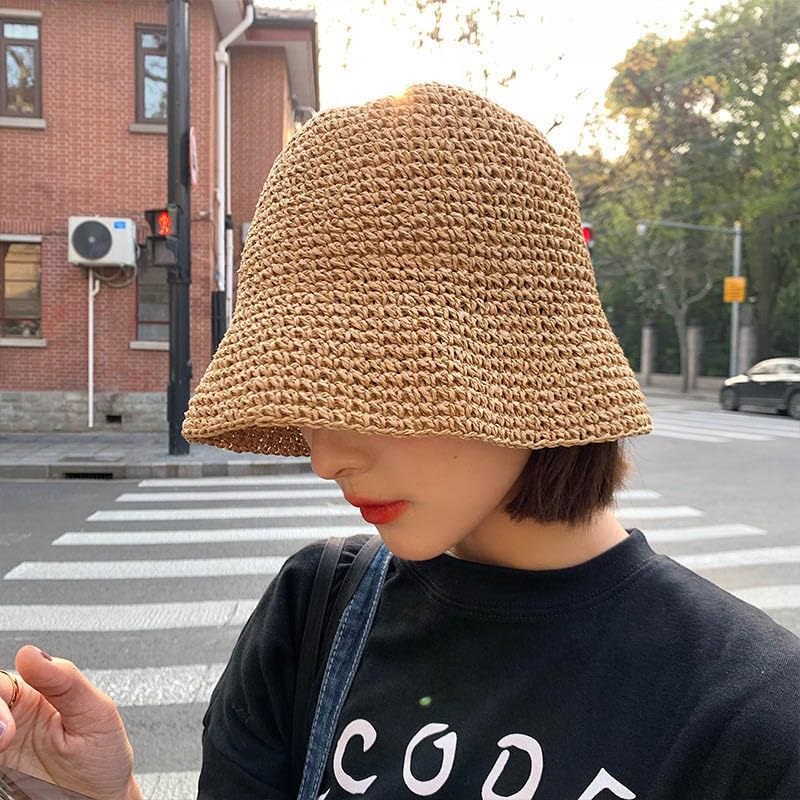 Minache Crochet Straw Hat Beach Sun Solid Color Foldable Wide Brim Outdoor Sun Visor Hat Bucket Hat for Women Girl Khak - Image 3