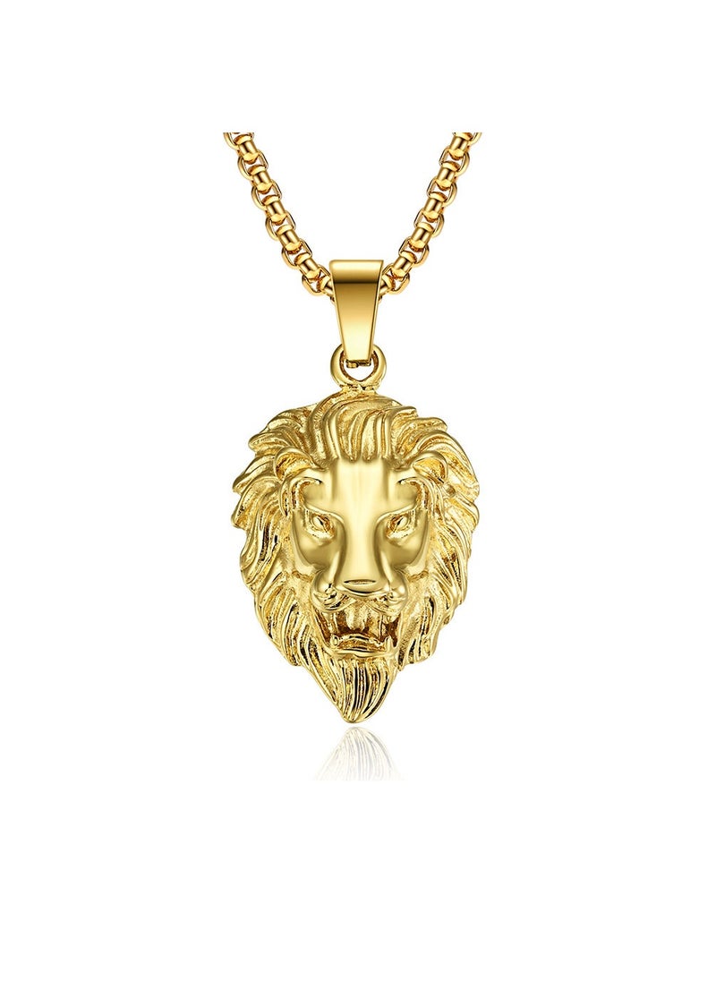 Generic 1 x 5 pcs Lion Head Pendant Titanium Steel 18K Gold Plated HipHop Necklace Gold + PL001 3.5mm * 60cm 