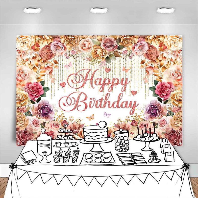 LDWLYW Rose Flower Happy Birthday Backdrop Banner Rose Gold Pink Flowery Birthday Party Decorations for Women Large Floral Theme Photography Background Wall Decor Photo Props 5x3ft - Image 5
