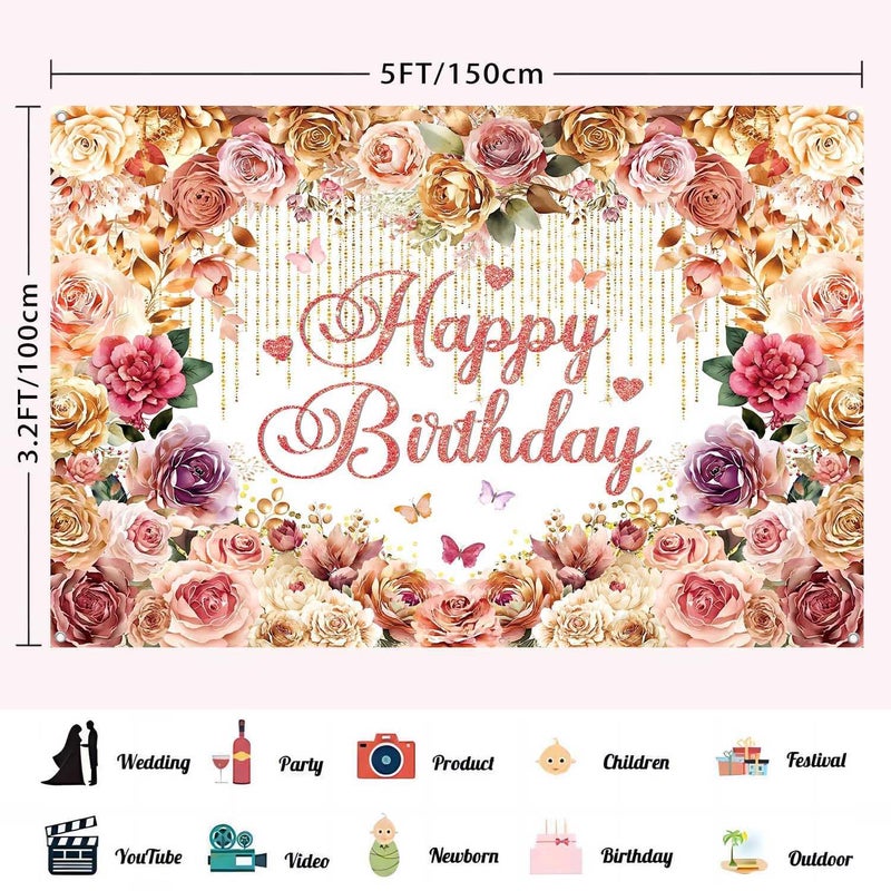 LDWLYW Rose Flower Happy Birthday Backdrop Banner Rose Gold Pink Flowery Birthday Party Decorations for Women Large Floral Theme Photography Background Wall Decor Photo Props 5x3ft - Image 3