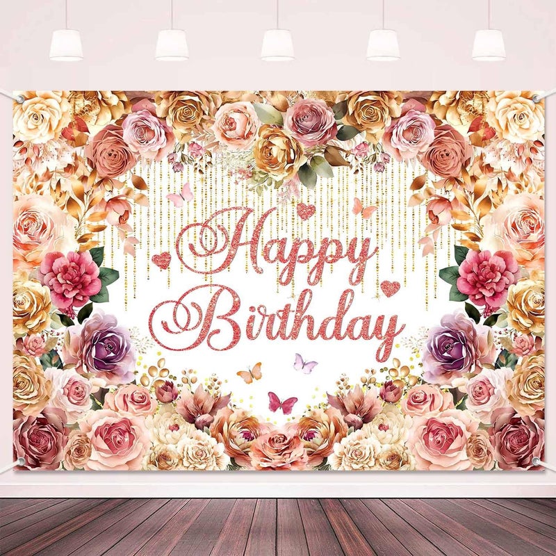 LDWLYW Rose Flower Happy Birthday Backdrop Banner Rose Gold Pink Flowery Birthday Party Decorations for Women Large Floral Theme Photography Background Wall Decor Photo Props 5x3ft - Image 2