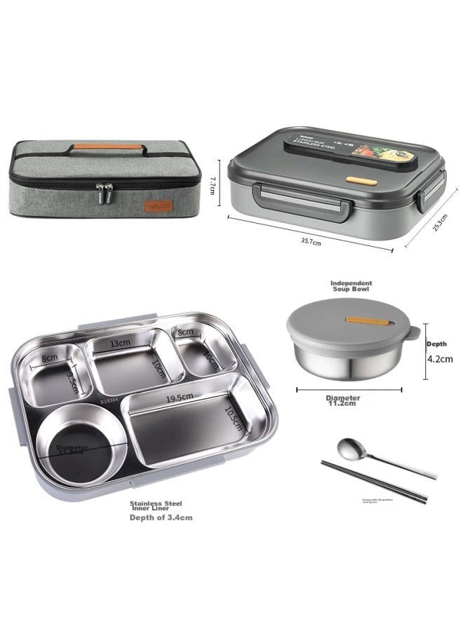 Tafuco Stainless Steel Lunch Box With 5 Compartments, Heat-resistant Student Bento Box With Utensils, Insulated Bag 2.4l T5218 Brown - Image 2