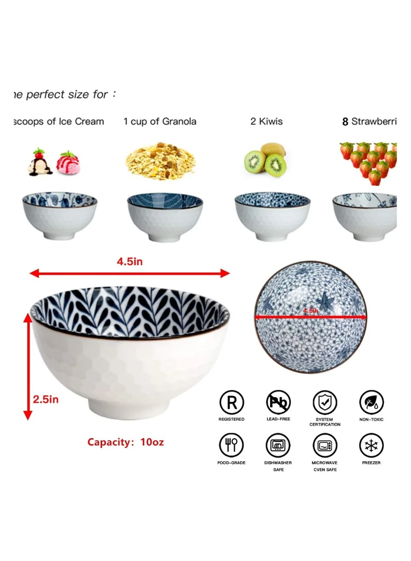 Quesera  Ceramic Cereal Bowls Salad,Soup,Rice Bowl Set,Blue and White (4.5 inch)  | Best Price UAE