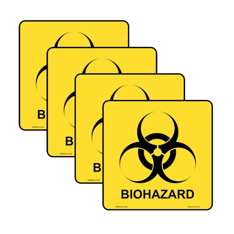 Haobase 4 Pcs Biohazard Stickers Sign Small Self Adhesive Vinyl for Hospital and Industrial Use 10 cm x 10 cm Yellow - Image 2