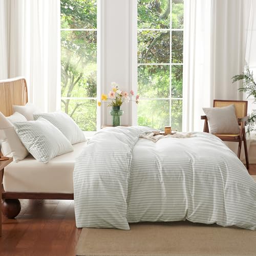 Nayoroom Striped Duvet Cover Queen Size 100% Washed Cotton White Green Stripe Duvet Cover 3 Pieces Soft Breathable Girls Dorm Bedding Set for All Seasons, Yarn Dyed Process - Image 3