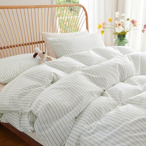 Nayoroom Striped Duvet Cover Queen Size 100% Washed Cotton White Green Stripe Duvet Cover 3 Pieces Soft Breathable Girls Dorm Bedding Set for All Seasons, Yarn Dyed Process - Image 1
